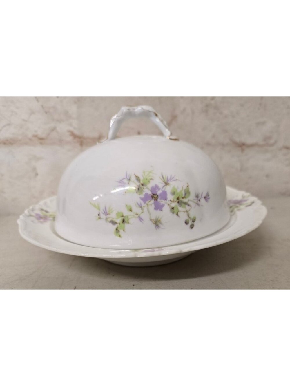 Antique Ceramic Covered Butter Dish Purple Floral Design Perforated Insert Plate